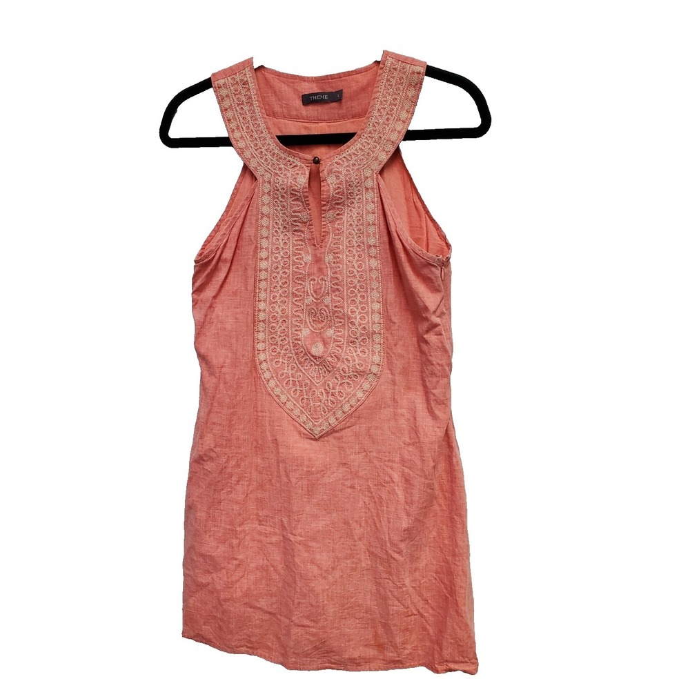 THEME Red Sleeveless Dress Linen/Cotton Blend Embroidered Size Large Lined